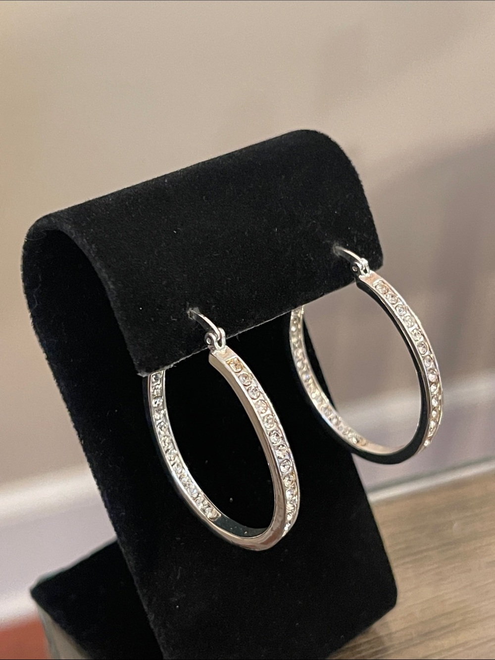 Vintage Style Silver-tone Inside-Out Oval Rhinestone Hoop Earrings